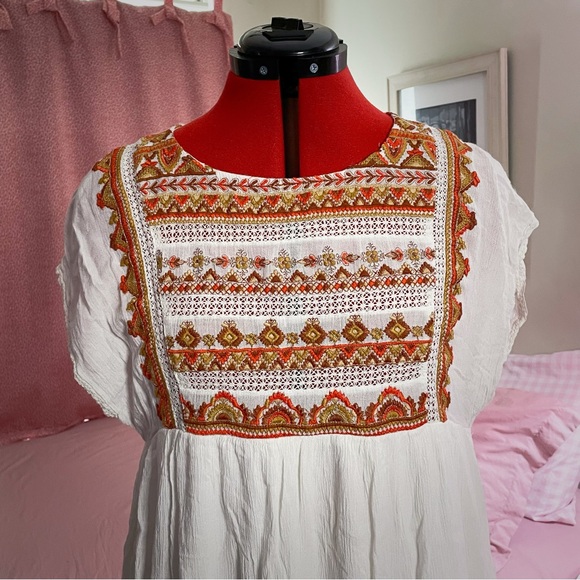 Free People White Boho Embroidered Tunic Dress with Orange Accents - Picture 2 of 7